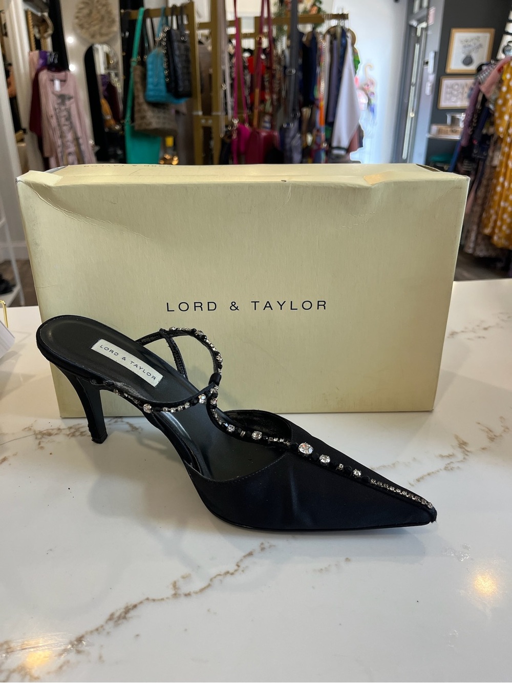 Lord & Taylor vintage Black Satin Crystal-Strap Pointed Mules